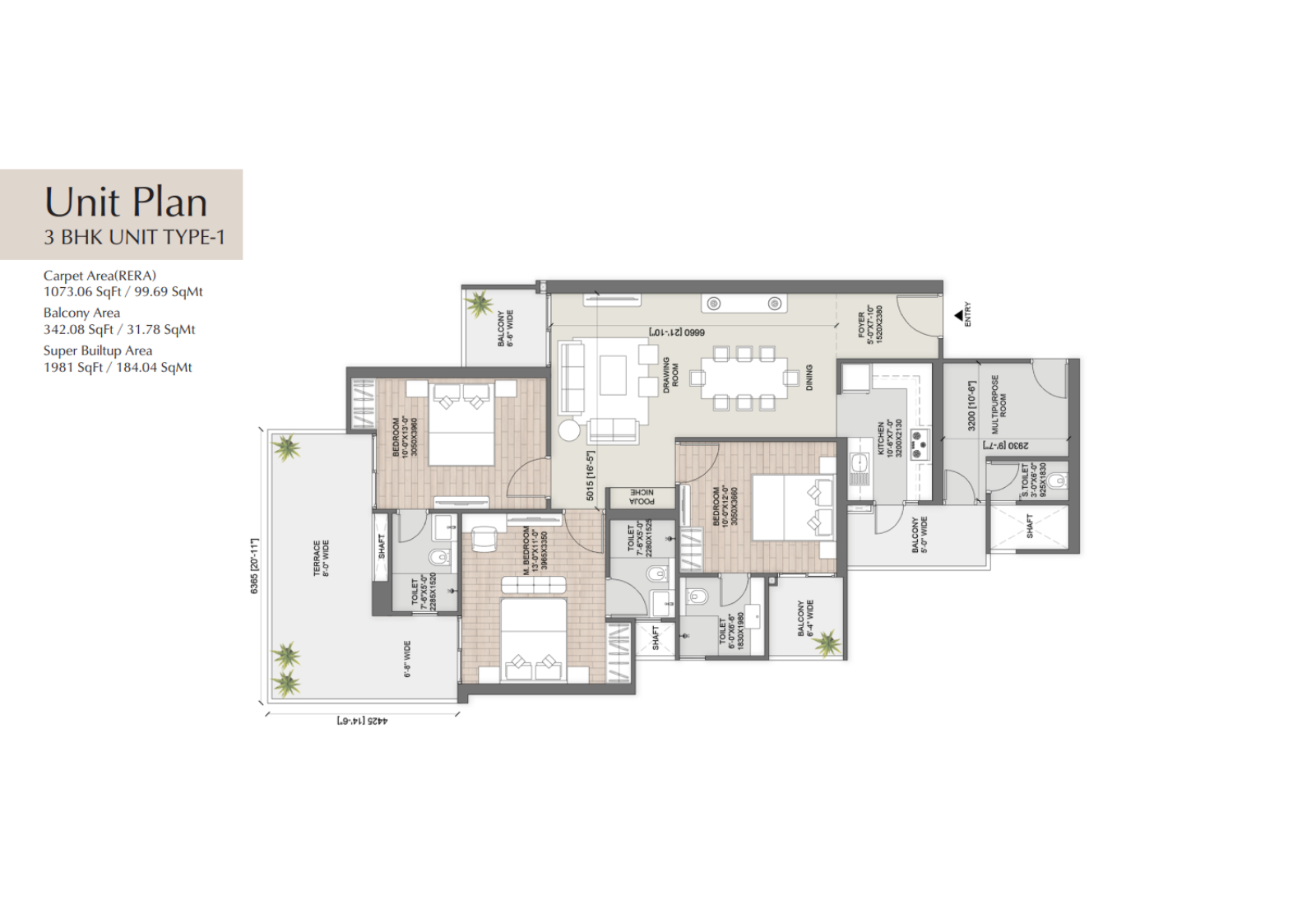 3 BHK Type 1 (Larger) floor plan – AU Cosmos Corner. Carpet area 1073.06 sq.ft / 99.69 sq.mt