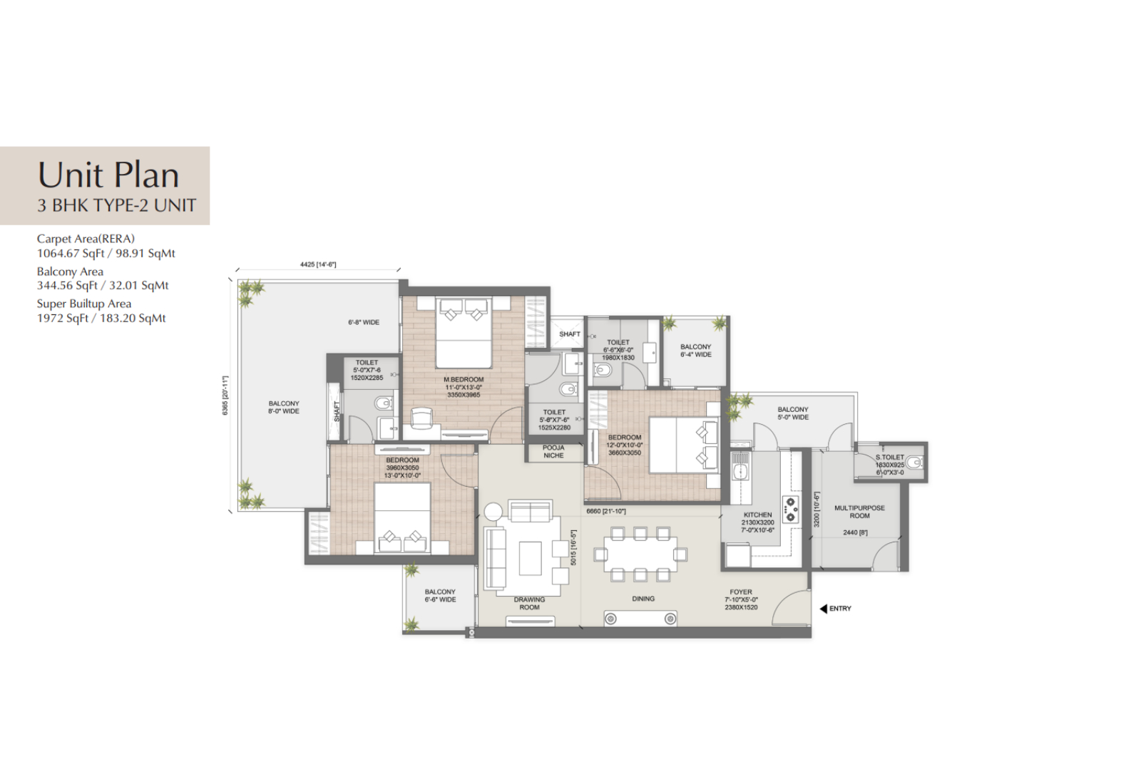 3 BHK Type 2 floor plan – AU Cosmos Corner. Carpet area 1064.67 sq.ft / 98.91 sq.mt