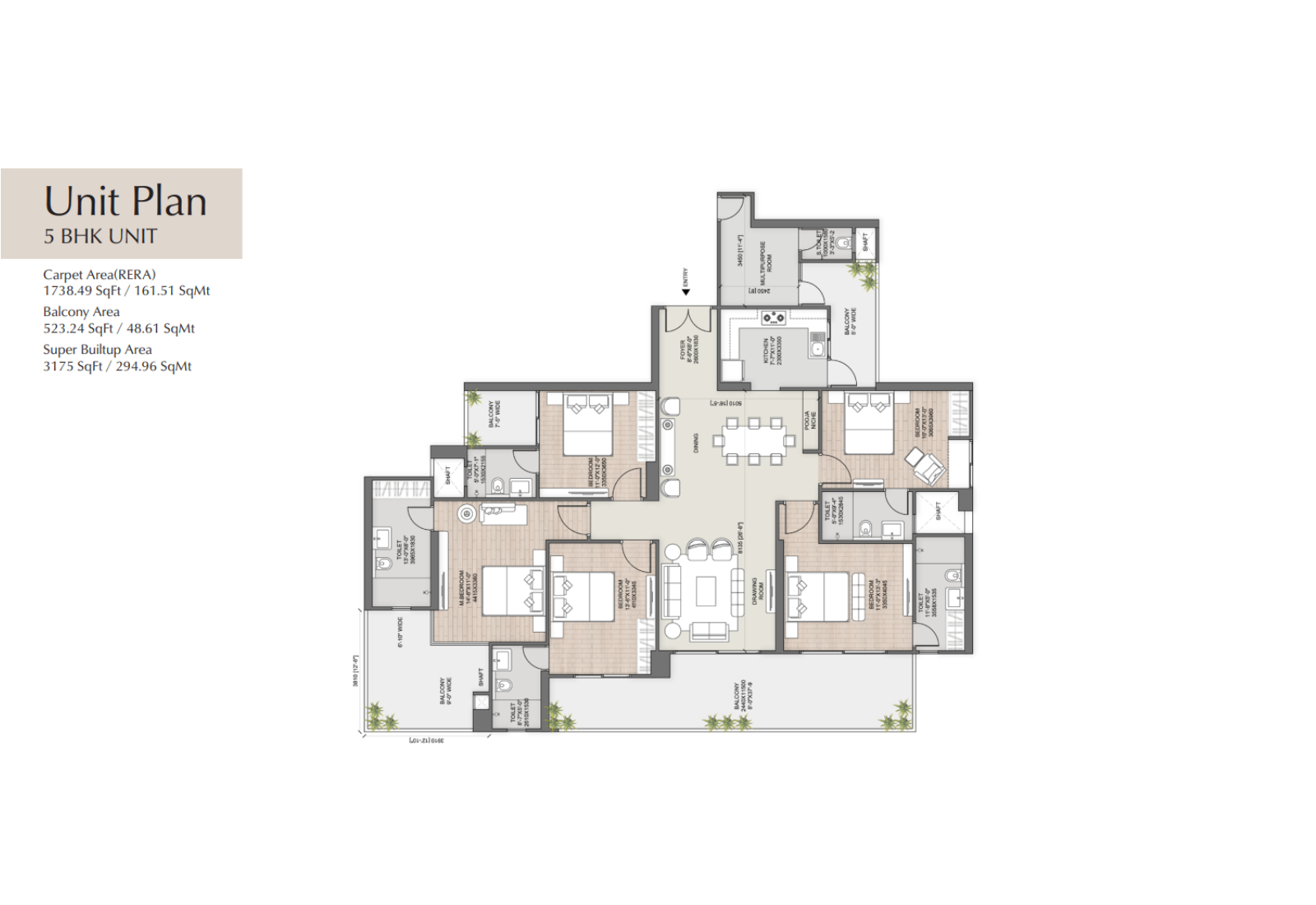 5 BHK Grand floor plan – AU Cosmos Corner. Carpet area 1738.49 sq.ft / 161.51 sq.mt