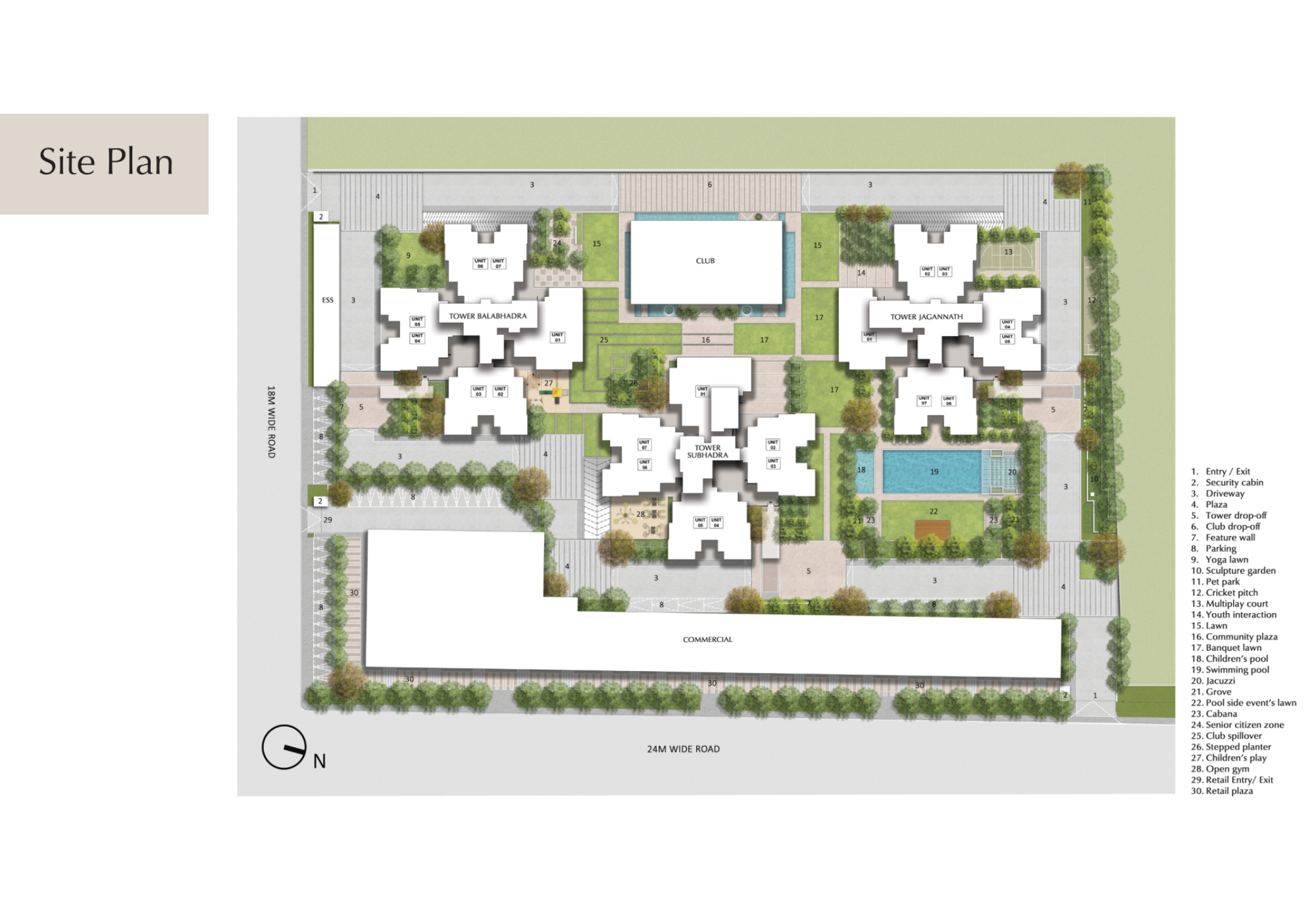 AU Cosmos Corner master site plan – Tower Balabhadra, Tower Subhadra, Tower Jagannath, club, pool, amenities layout
